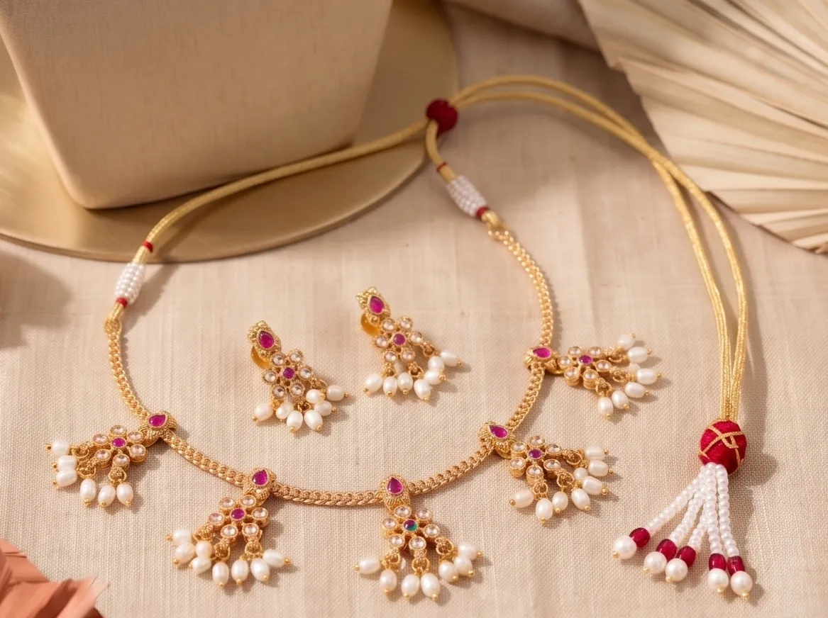 Pink Floral Guttapusalu Necklace Set